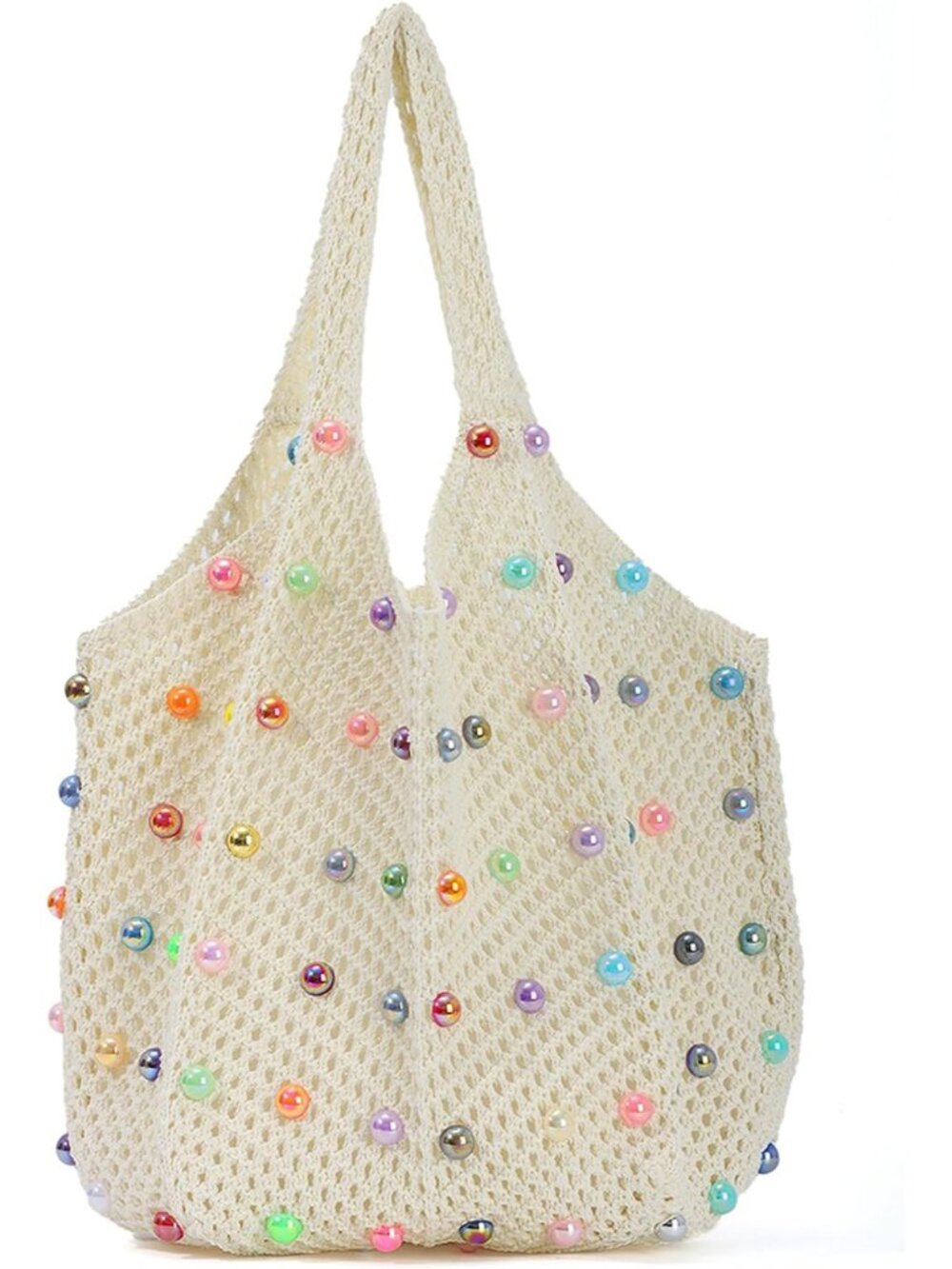 Boho Crochet Beach Tote Bag with Colored Beads Summer Knit Shoulder Bag Woven Ca